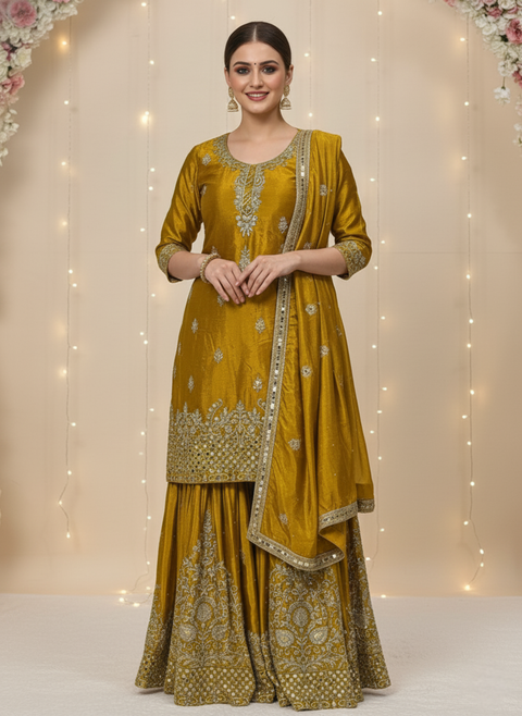 “The Sunshine Royale” – Premium Yellow Chinon Silk Designer Sharara Set for Women
