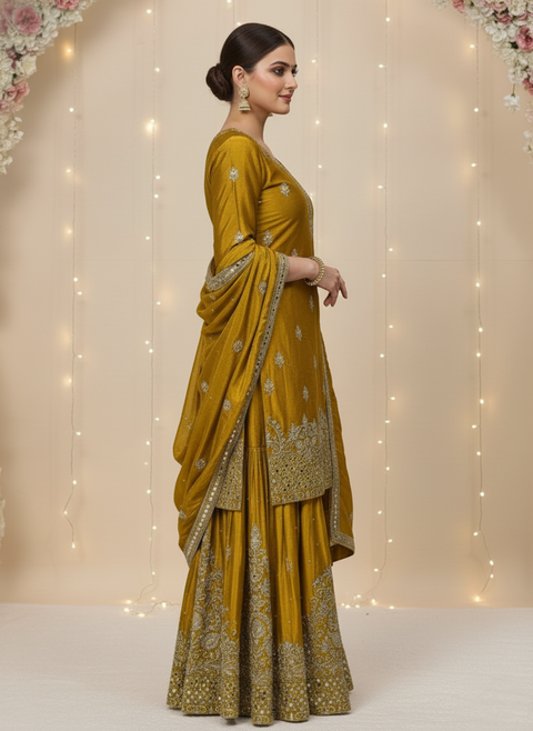 “The Sunshine Royale” – Premium Yellow Chinon Silk Designer Sharara Set for Women