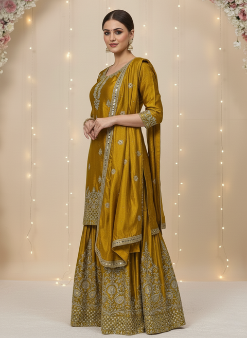 “The Sunshine Royale” – Premium Yellow Chinon Silk Designer Sharara Set for Women