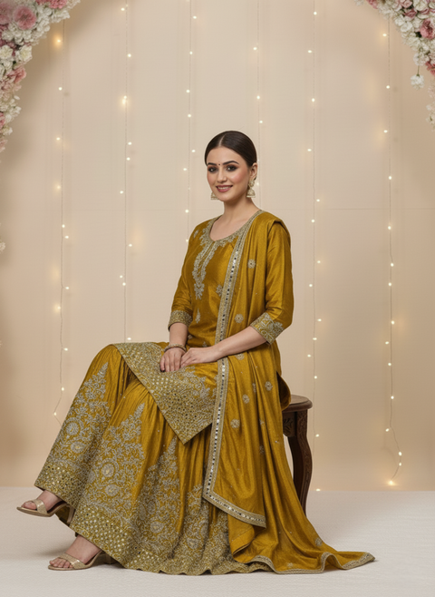“The Sunshine Royale” – Premium Yellow Chinon Silk Designer Sharara Set for Women