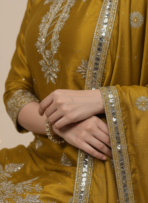 “The Sunshine Royale” – Premium Yellow Chinon Silk Designer Sharara Set for Women