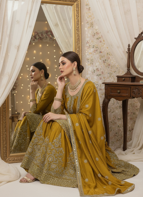 “The Sunshine Royale” – Premium Yellow Chinon Silk Designer Sharara Set for Women