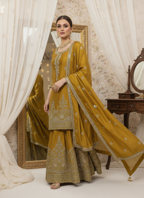 “The Sunshine Royale” – Premium Yellow Chinon Silk Designer Sharara Set for Women