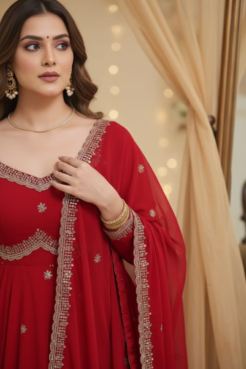 “The Crimson Royale” – Designer Red Faux Georgette Embroidered Suit Set for Women