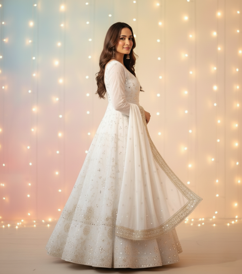 “The Snow Bloom” – Premium White Embroidered Faux Georgette Kurta Set for Women