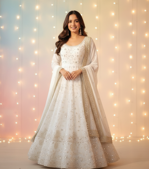 “The Snow Bloom” – Premium White Embroidered Faux Georgette Kurta Set for Women