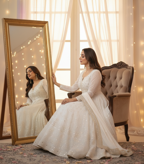 “The Snow Bloom” – Premium White Embroidered Faux Georgette Kurta Set for Women