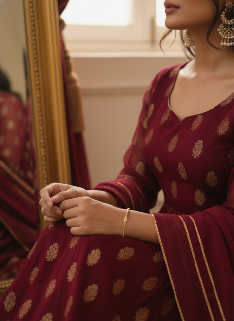 “The Scarlet Majesty” – Luxurious Maroon Anarkali Suit with Heavy Embroidery & Sequin Work