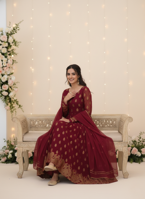 “The Scarlet Majesty” – Luxurious Maroon Anarkali Suit with Heavy Embroidery & Sequin Work