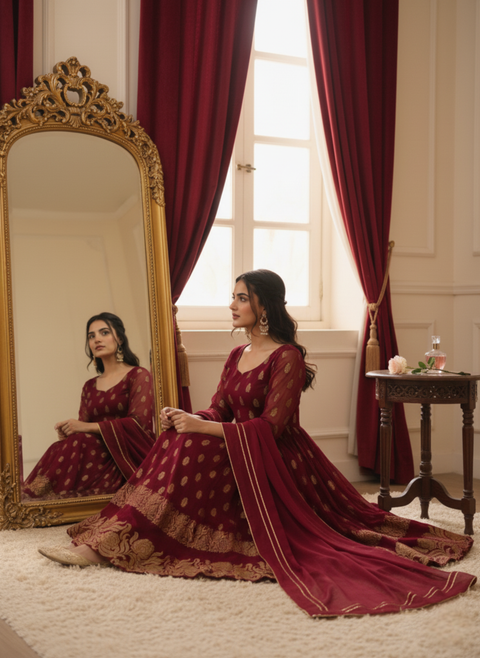 “The Scarlet Majesty” – Luxurious Maroon Anarkali Suit with Heavy Embroidery & Sequin Work