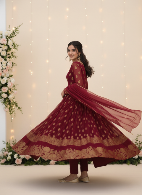 “The Scarlet Majesty” – Luxurious Maroon Anarkali Suit with Heavy Embroidery & Sequin Work