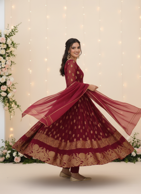 “The Scarlet Majesty” – Luxurious Maroon Anarkali Suit with Heavy Embroidery & Sequin Work