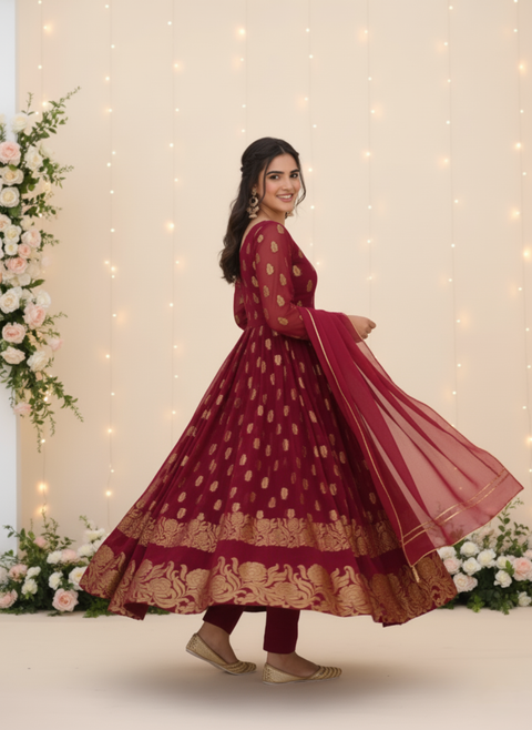 “The Scarlet Majesty” – Luxurious Maroon Anarkali Suit with Heavy Embroidery & Sequin Work