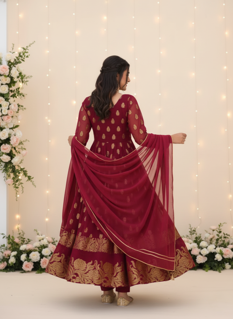 “The Scarlet Majesty” – Luxurious Maroon Anarkali Suit with Heavy Embroidery & Sequin Work