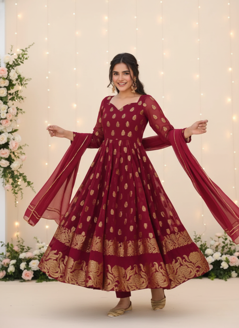 “The Scarlet Majesty” – Luxurious Maroon Anarkali Suit with Heavy Embroidery & Sequin Work