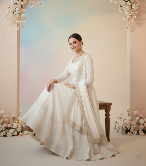 “The Ivory Whisper” – Premium White Embroidered Faux Georgette Kurta Set for Women