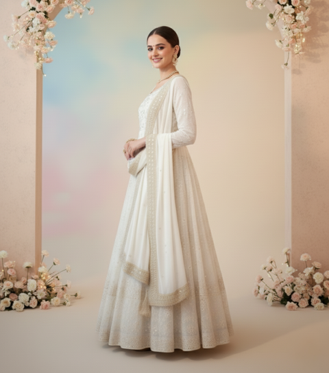 “The Ivory Whisper” – Premium White Embroidered Faux Georgette Kurta Set for Women