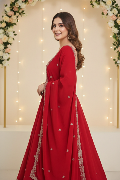 “The Crimson Royale” – Designer Red Faux Georgette Embroidered Suit Set for Women