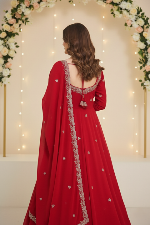 “The Crimson Royale” – Designer Red Faux Georgette Embroidered Suit Set for Women