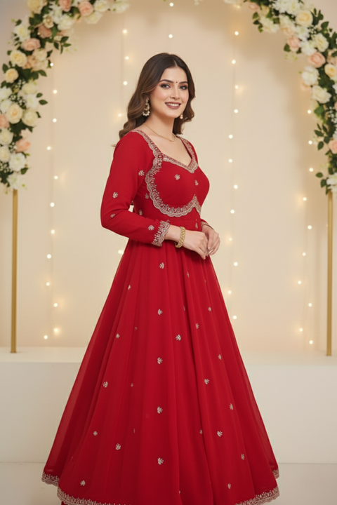 “The Crimson Royale” – Designer Red Faux Georgette Embroidered Suit Set for Women