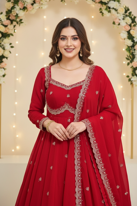 “The Crimson Royale” – Designer Red Faux Georgette Embroidered Suit Set for Women