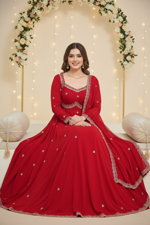 “The Crimson Royale” – Designer Red Faux Georgette Embroidered Suit Set for Women