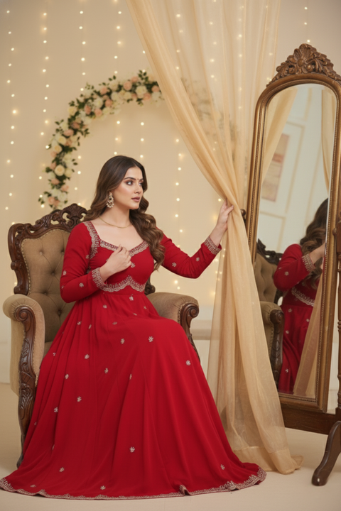 “The Crimson Royale” – Designer Red Faux Georgette Embroidered Suit Set for Women