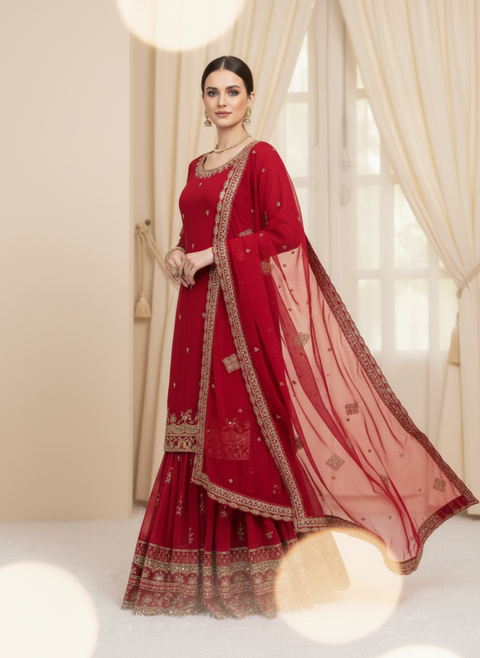 “The Ruby Radiance” – Designer Party Wear Sharara Set with Dupatta