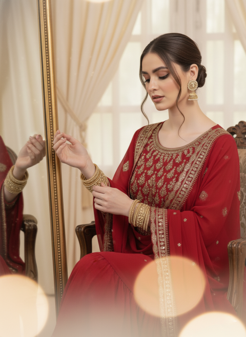 “The Ruby Radiance” – Designer Party Wear Sharara Set with Dupatta