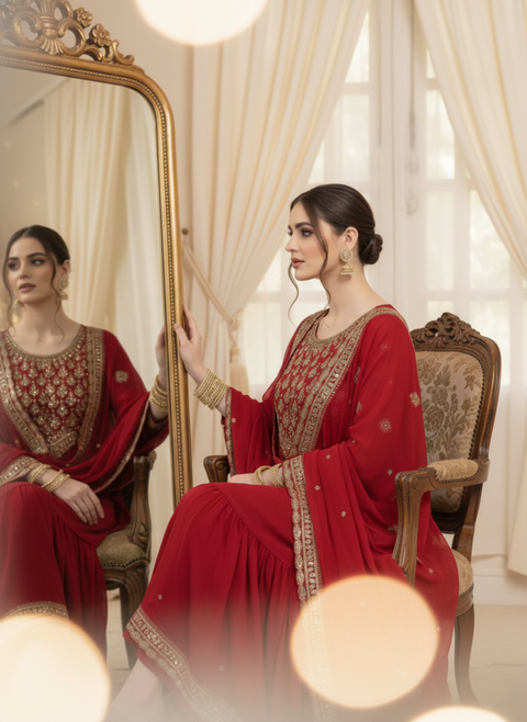 “The Ruby Radiance” – Designer Party Wear Sharara Set with Dupatta