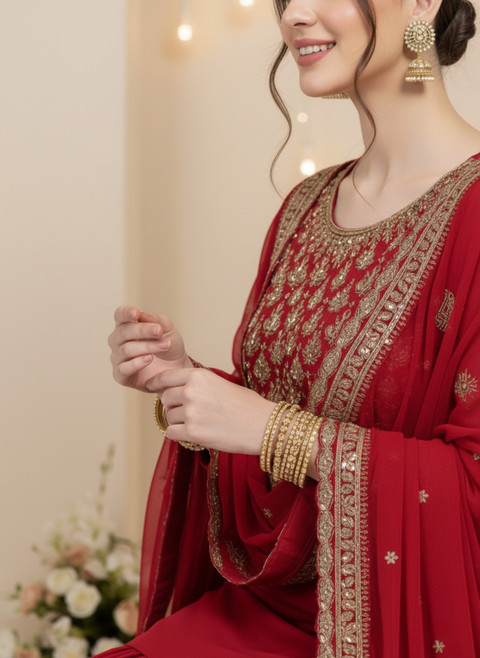 “The Ruby Radiance” – Designer Party Wear Sharara Set with Dupatta