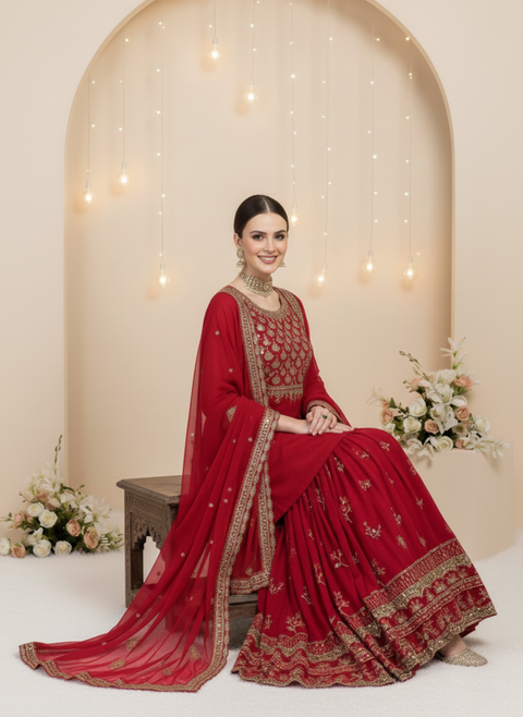 “The Ruby Radiance” – Designer Party Wear Sharara Set with Dupatta